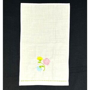 VTG kitchen Tea towel linen offWhite Embroidered Flower 19 1/2" x 11 1/2" Kitchy